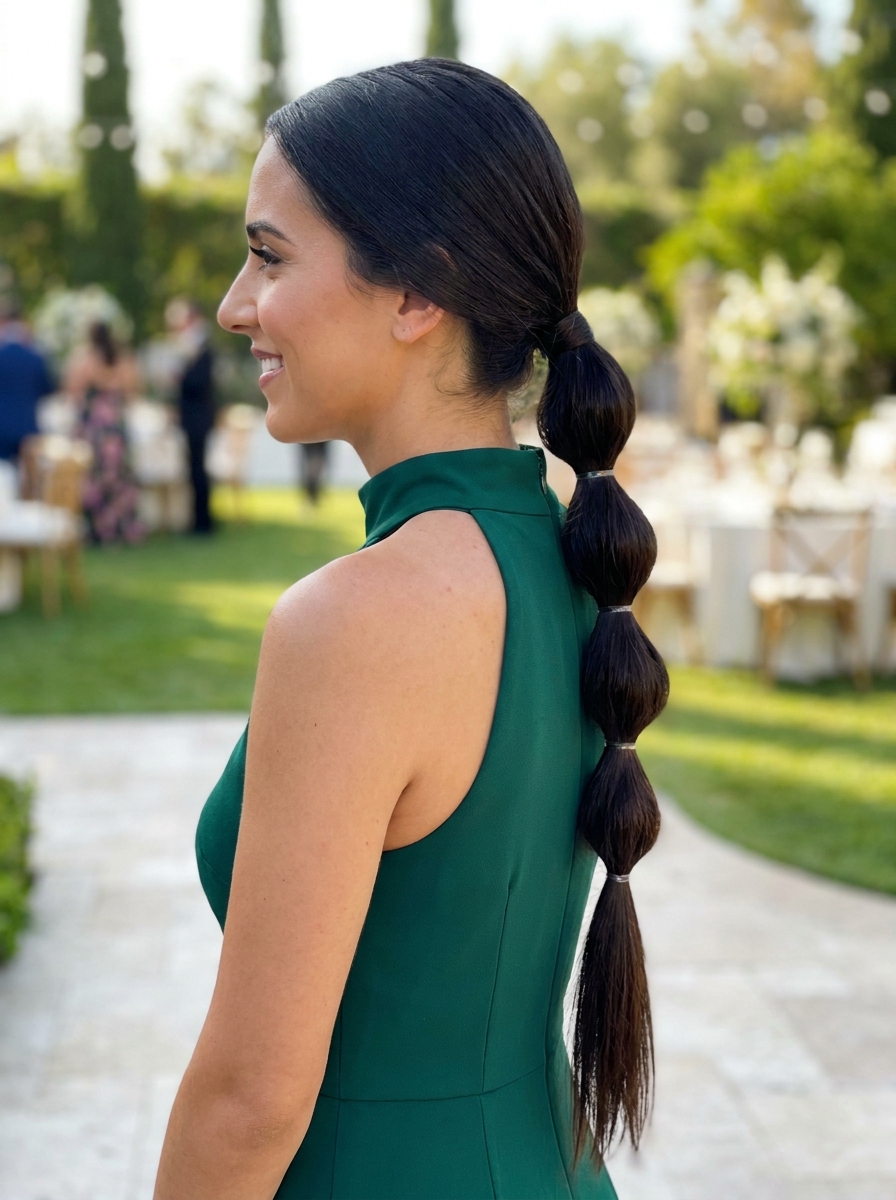 Bubble Ponytail elegant gestylt als Frisuren für lange Haare als Hochzeitsgast Inspiration 2026
